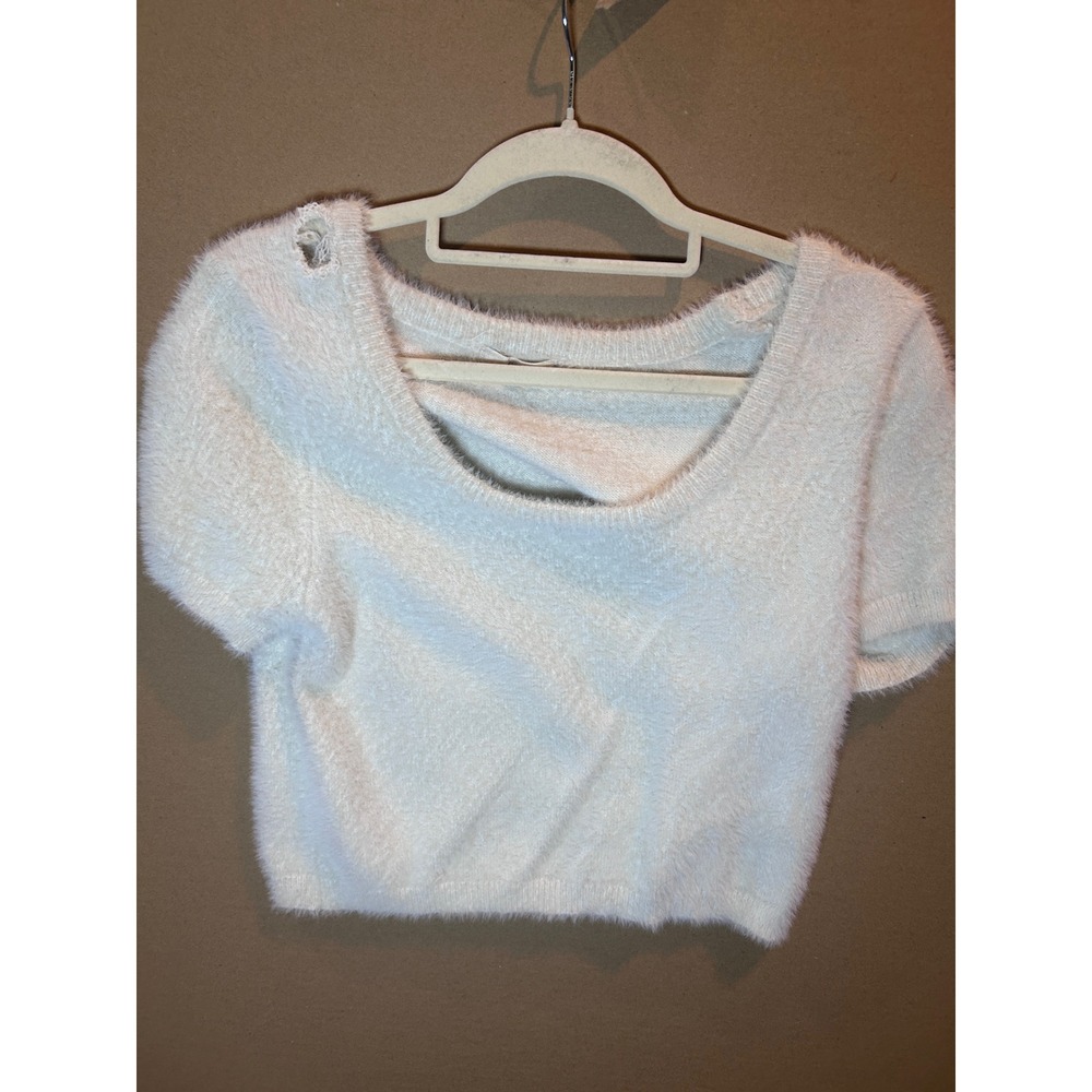 C&V Chelsea &‎ Violet Fuzzy Eyelash Knit Top Women XXL White Fair Cropped Scoop